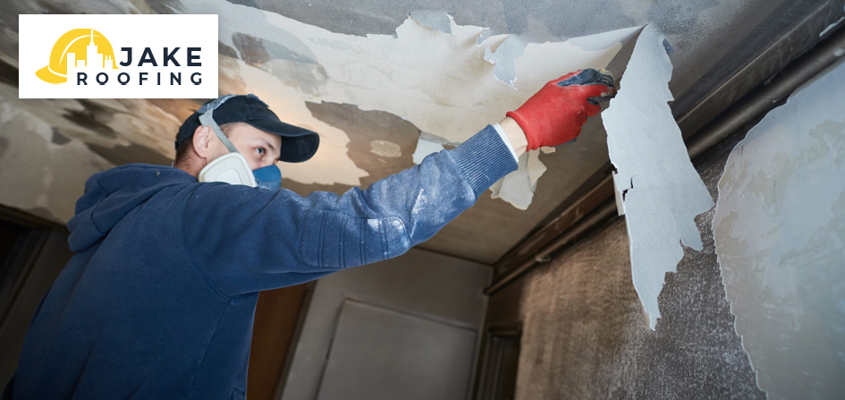 Worker removing loose debris from inside roof to prevent water leaks